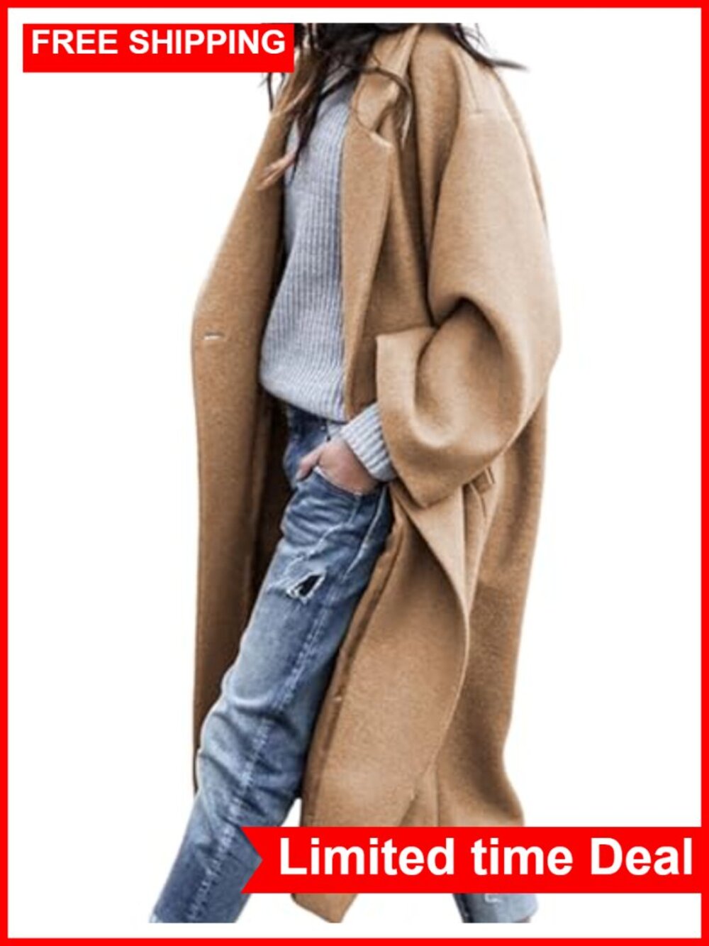 Oversized Wool Blend Pea Coat Double Breasted Long Overcoat